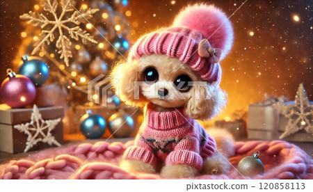 坐在聖誕樹前的玩具貴賓犬小狗 120858113