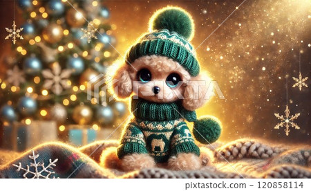 一棵閃閃發光的聖誕樹和一隻穿著白色服裝的玩具貴賓犬 120858114