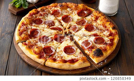 High sodium meals. delicious classic pepperoni pizza with extra cheese on wooden table, showcasing crispy crust and savory toppings, perfect for satisfying meal 120858349
