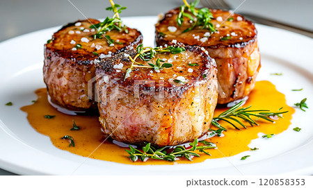 High sodium meals. Three succulent, salt crusted steaks glisten with juices, garnished with fresh herbs on white plate, creating mouthwatering presentation 120858353