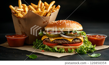 High sodium meals. Juicy cheeseburger with lettuce, tomato, and pickles, served with crispy fries and dipping sauces, creating mouthwatering fast food experience 120858354