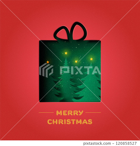 Holiday Christmas and winter season on red background. Gift Box decorated with Christmas Tree, Star and snowfall. Paper art vector illustration. Holiday Christmas and winter season on red background. Gift Box decorated with Christmas Tree, Star and snowfall. Paper art vector illustration. 120858527