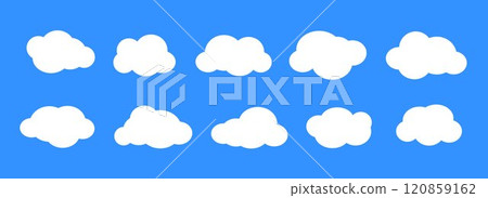 Comic clouds collection. Cartoon cloud shapes set for icon, poster, banner, label, badge, tag, logo, decoration. White speech bubble on blue background. Text box claud bundle. Vector 120859162