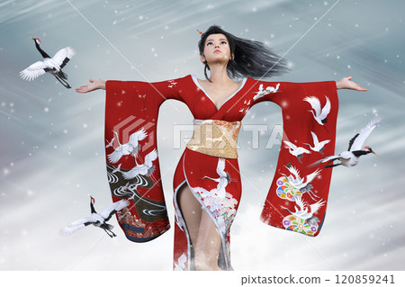 In the snow, a woman with her arms outstretched is wearing a red kimono with a crane design on it, and a crane takes flight. In the snow, a woman with her arms outstretched is wearing a red kimono with a crane design on it, and a crane takes flight. 120859241