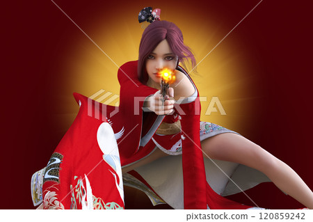 A seductive young woman in a red kimono firing a short gun A seductive young woman in a red kimono firing a short gun 120859242