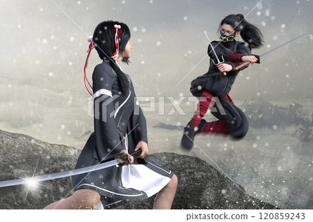 身穿黑色和服的少女與女忍者在山頂上對決。 身穿黑色和服的少女與女忍者在山頂上對決。 120859243