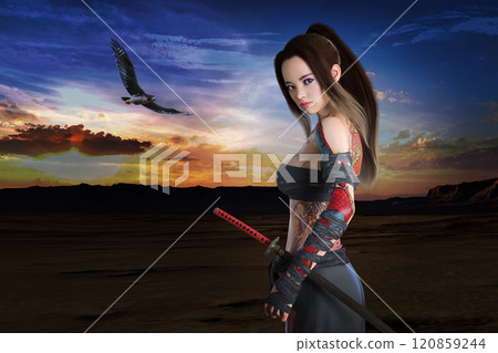 A female warrior looks at me in the wilderness at dusk, where a falcon is flying. A female warrior looks at me in the wilderness at dusk, where a falcon is flying. 120859244