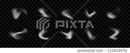 White powder splash collection. Grunge grain spray texture set. Dotted curved smudged brush stain bundle. Sand noise splattered overlay pack. Abstract stippled fluid grain gradient shapes. Vector 120859470