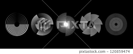 White radial spiral pattern set. Circular spinning speed line form collection. Rotating circle sound wave concept. Abstract sunburst ray or beam element for icon, badge, logo, tag, label. Vector White radial spiral pattern set. Circular spinning speed line form collection. Rotating circle sound wave concept. Abstract sunburst ray or beam element for icon, badge, logo, tag, label. Vector 120859474