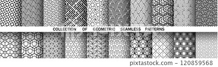 Geometric set of seamless black and white patterns. Simple vector graphics. 120859568