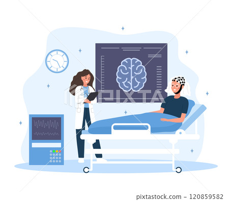 Neurologist concept. Female doctor examine MRI scan. Neurology disease diagnostics. Vector illustration in flat cartoon style 120859582
