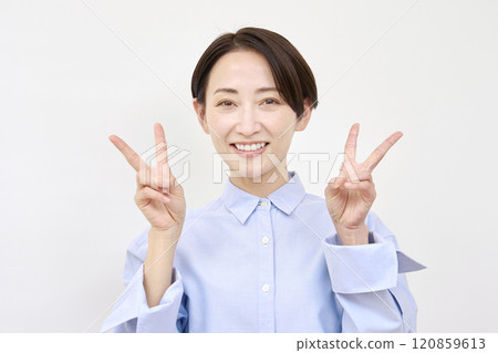 Woman peace sign white background both hands 120859613