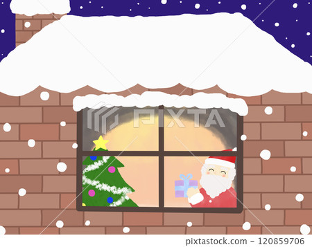 Illustration of a snowy house and Santa Claus delivering presents 120859706
