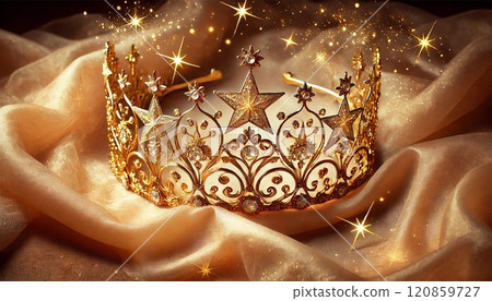 奢華金冠，飾有閃閃發光的星星裝飾和光顆粒 120859727