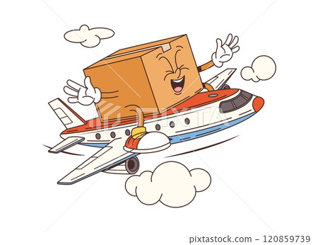 Groovy delivery cardboard box character flying on the airplane. Cartoon vector funny parcel pack fly on civil plane. Aerial post service or express shipping retro personage delivering cargo by air Groovy delivery cardboard box character flying on the airplane. Cartoon vector funny parcel pack fly on civil plane. Aerial post service or express shipping retro personage delivering cargo by air 120859739