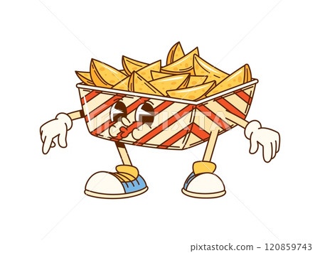Cartoon groovy fried potato wedges fast food character. Vector potato chops in striped carton box. Retro funky fastfood personage in hippie sneakers, takeaway kids cafe menu junk meal, vegetable snack 120859743