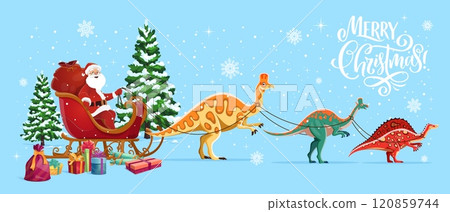 Santa Christmas sleigh with dinosaurs. Cartoon vector Merry Christmas banner featuring Santa Claus character riding a sled pulled by dino animals amidst snowflakes, decorated Xmas trees and gift boxes Santa Christmas sleigh with dinosaurs. Cartoon vector Merry Christmas banner featuring Santa Claus character riding a sled pulled by dino animals amidst snowflakes, decorated Xmas trees and gift boxes 120859744