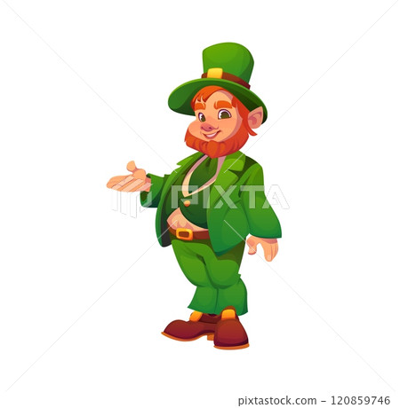 Irish leprechaun cartoon man character for Saint Patrick day holiday, vector personage. St Patrick Day or Ireland Celtic culture cartoon character of leprechaun with ginger red beard in green costume 120859746