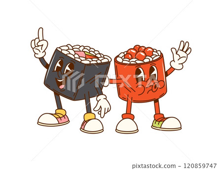 Cartoon groovy Japanese sushi rolls fast food characters. Isolated vector pair of cute hippie Asian, japan food personages with joyful smiles radiating fun and culinary adventure with funky retro vibe 120859747