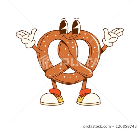 Cartoon groovy pretzel fast food character. Isolated vector bakery and pastry retro personage with a playful expression, wearing retro sneakers and exudes funky vibe. Fresh snack with cheerful smile 120859748