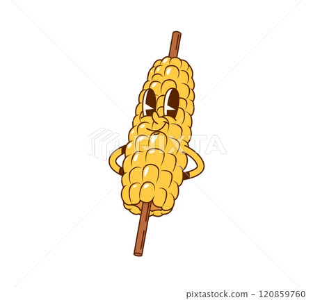 Cartoon groovy corn on a skewer fast food character. Isolated vector cheerful maize cob vegetable retro personage with ripe kernels and joyful face expression, ready for barbecue party or party outing 120859760