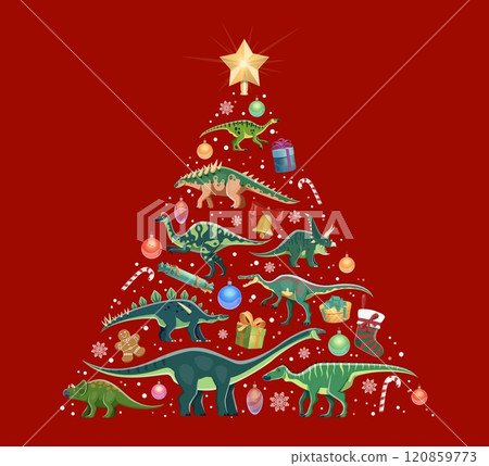 Christmas tree dinosaurs made of various dino species, ornaments, candy canes and gifts, topped with a golden star. Cartoon vector festive prehistoric themed pine tree ready for holiday celebrations 120859773