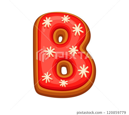 Gingerbread letter B with red icing and snowflake decorations, festive playful alphabet for Christmas and New Year holiday celebration. Isolated vector xmas font, typeface or type, English pastry abc 120859779