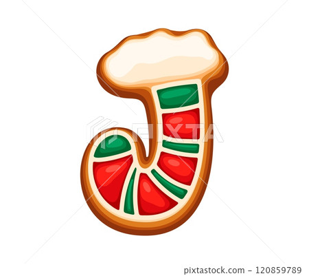 Gingerbread cookie in shape of letter J adorned with red and green icing. Cartoon vector Christmas cookie font, xmas typeface, new year type, english pastry alphabet for festive or holiday celebration 120859789