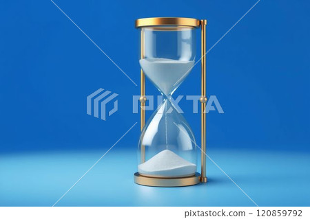 A golden hourglass with flowing sand on a blue background 120859792