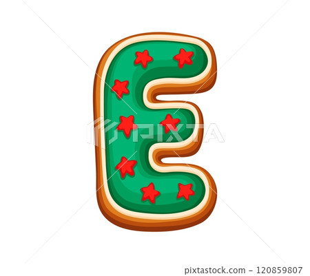 Gingerbread letter E with green icing and red star sprinkles, embodying Christmas cheer and festive seasonal holiday mood. Christmas cookie font, xmas typeface, new year type, English pastry alphabet Gingerbread letter E with green icing and red star sprinkles, embodying Christmas cheer and festive seasonal holiday mood. Christmas cookie font, xmas typeface, new year type, English pastry alphabet 120859807
