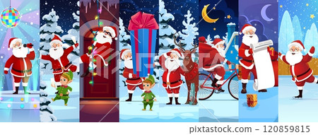 Christmas Santa characters collage for winter holiday, vector cartoon background. Funny Santa on bicycle with gifts, singing and skating on ice rink with elf and reindeer for Christmas holiday collage Christmas Santa characters collage for winter holiday, vector cartoon background. Funny Santa on bicycle with gifts, singing and skating on ice rink with elf and reindeer for Christmas holiday collage 120859815