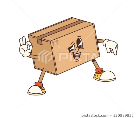 Cartoon groovy delivery cardboard box character with expressive eyes, wearing sneakers, and striking confident pose. Vector parcel retro personage smiling and making an ok gesture conveys a funky vibe 120859835