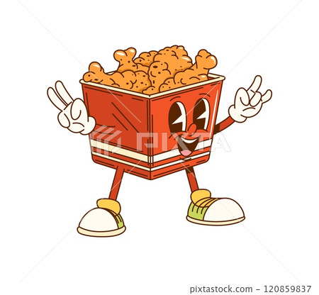 Cartoon groovy bucket of fried chicken legs fast food character in hippie sneakers. Isolated vector funky red smiling box with crispy chicken drumsticks, bringing y2k retro vibe to kids cafe menu meal Cartoon groovy bucket of fried chicken legs fast food character in hippie sneakers. Isolated vector funky red smiling box with crispy chicken drumsticks, bringing y2k retro vibe to kids cafe menu meal 120859837