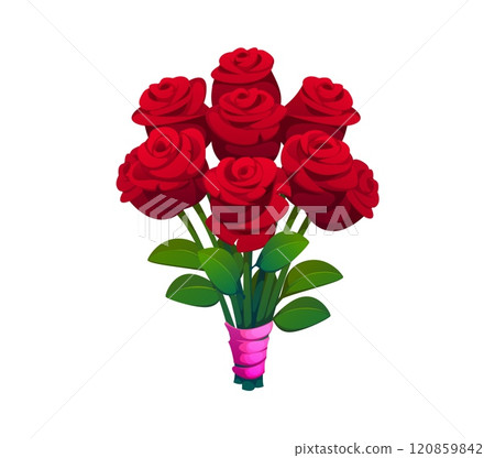 Valentine Day bouquet of red roses symbolizing love, passion and romance for holiday celebration or romantic occasion. Isolated cartoon vector stunning gift flowers arranged with vibrant green leaves 120859842