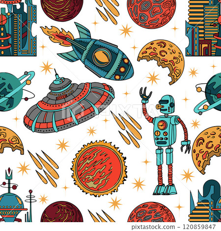 Seamless pattern with hand drawn colorful illustrations of retro future space planets and ships, rocket, alien, robot and objects isolated on white, science fiction and UFO concept Seamless pattern with hand drawn colorful illustrations of retro future space planets and ships, rocket, alien, robot and objects isolated on white, science fiction and UFO concept 120859847