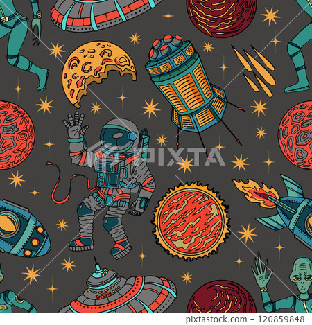 Seamless pattern with hand drawn colorful illustrations of retro future space planets and ships, rocket, alien, cosmonaut and objects, science fiction and UFO concept Seamless pattern with hand drawn colorful illustrations of retro future space planets and ships, rocket, alien, cosmonaut and objects, science fiction and UFO concept 120859848