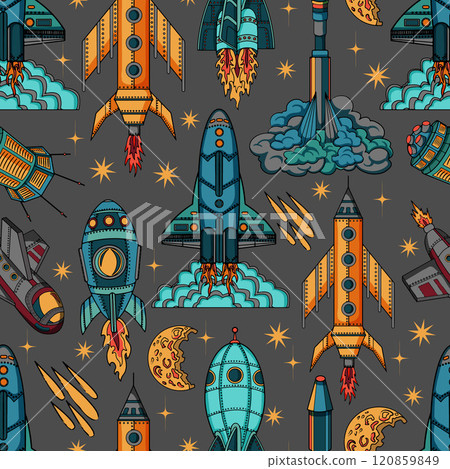 Seamless pattern with hand drawn colorful illustrations of retro future space planets and ships, rockets and objects, science fiction and UFO concept 120859849