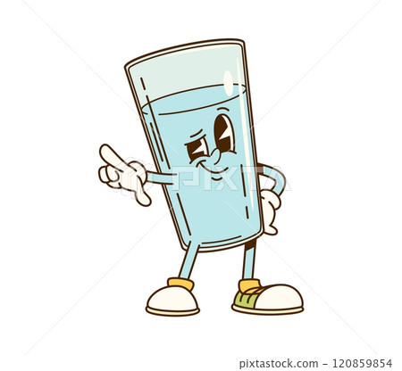 Cartoon groovy glass of water character with expressive eyes, wearing sneakers, and pointing with one finger. Isolated vector drink personage with confident and friendly expression, conveying fun 120859854