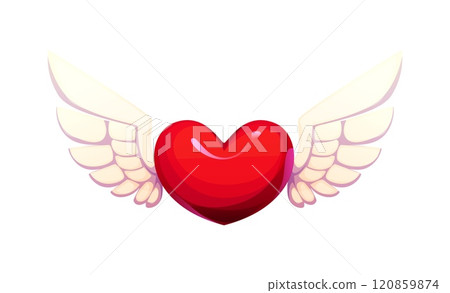 Cartoon red heart with angelic wings captures themes of love, freedom and Valentine Day. Isolated vector bright flying heart romantic and inspirational symbol embodying affection, hope and passion Cartoon red heart with angelic wings captures themes of love, freedom and Valentine Day. Isolated vector bright flying heart romantic and inspirational symbol embodying affection, hope and passion 120859874