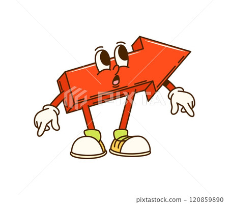 Groovy math geometric arrow figure character. Isolated cartoon vector quirky retro personage with expressive eyes and confused expression embodying educational mathematics vibe. Funky red road pointer Groovy math geometric arrow figure character. Isolated cartoon vector quirky retro personage with expressive eyes and confused expression embodying educational mathematics vibe. Funky red road pointer 120859890