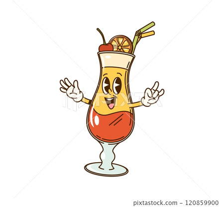 Groovy cocktail glass character. Isolated cartoon vector cute refreshing drink glass with orange slice, cherry and straw. Summer pool or beach party beverage, retro holiday personage with hippie vibe 120859900
