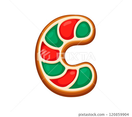 Gingerbread letter C adorned with red and green icing, festive Christmas and New Year font, xmas typeface, new year type, English pastry alphabet. Isolated cartoon vector cute, sweet baked abc symbol 120859904