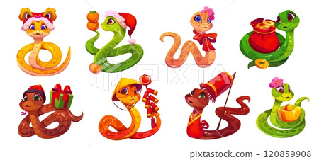 2025 cartoon snake characters for Chinese lunar New Year, vector personages. Funny snakes in dragon mask with lanterns and firecracker petards or Santa gifts for 2025 Chinese lunar New Year calendar 120859908