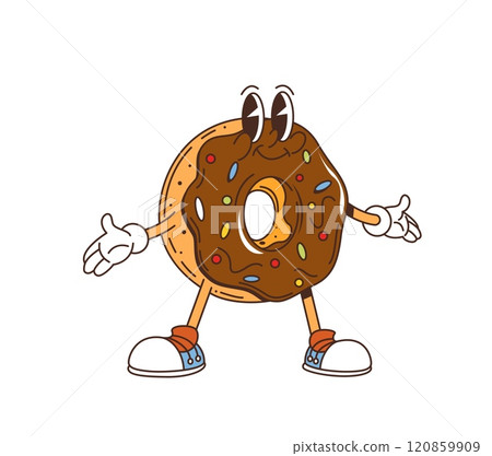 Cartoon retro groovy donut fast food character with happy face, vector funny smile or dessert emoji. Groovy donut pastry with chocolate and caramel sprinkles for fast food cartoon sweet character 120859909