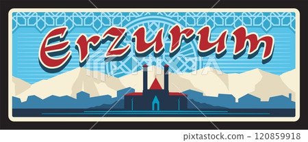 Vintage postcard for Erzurum Turkish il. Vector retro banner with intricate oriental ornament, mountains and a historic building. Plaque or plate emphasizing rich culture and architecture of Turkey 120859918