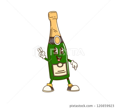 Cartoon groovy champagne bottle character flashing a peace sign, ready to celebrate party. Isolated vector sparkling wine glass flask retro personage rejoices with happy smile, embodying holiday vibe 120859923