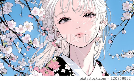 Plum blossoms and a young woman in a kimono Plum blossoms and a young woman in a kimono 120859992