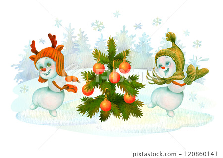 Cute snowmen dancing at the Christmas tree on winter conifer forest backdrop surrounded by snowflakes. Hand-drawn child characters celebrating Christmas or New Year. Watercolor illustration for design 120860141