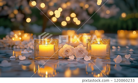 Romantic candlelight and fantastic decoration of paper flowers 120860233