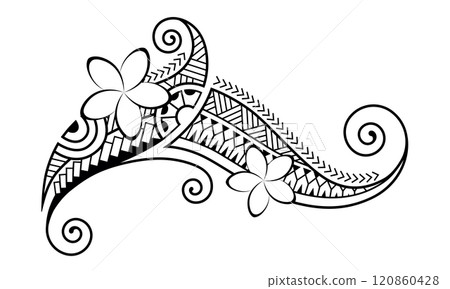 Maori style tattoo. Ethnic decorative oriental ornament with Frangipani Plumeria flowers. 120860428